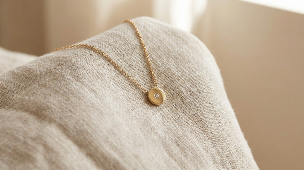 Collar de mujer con cadena fina en tono dorado sobre fondo neutro, ejemplo de largo de collar