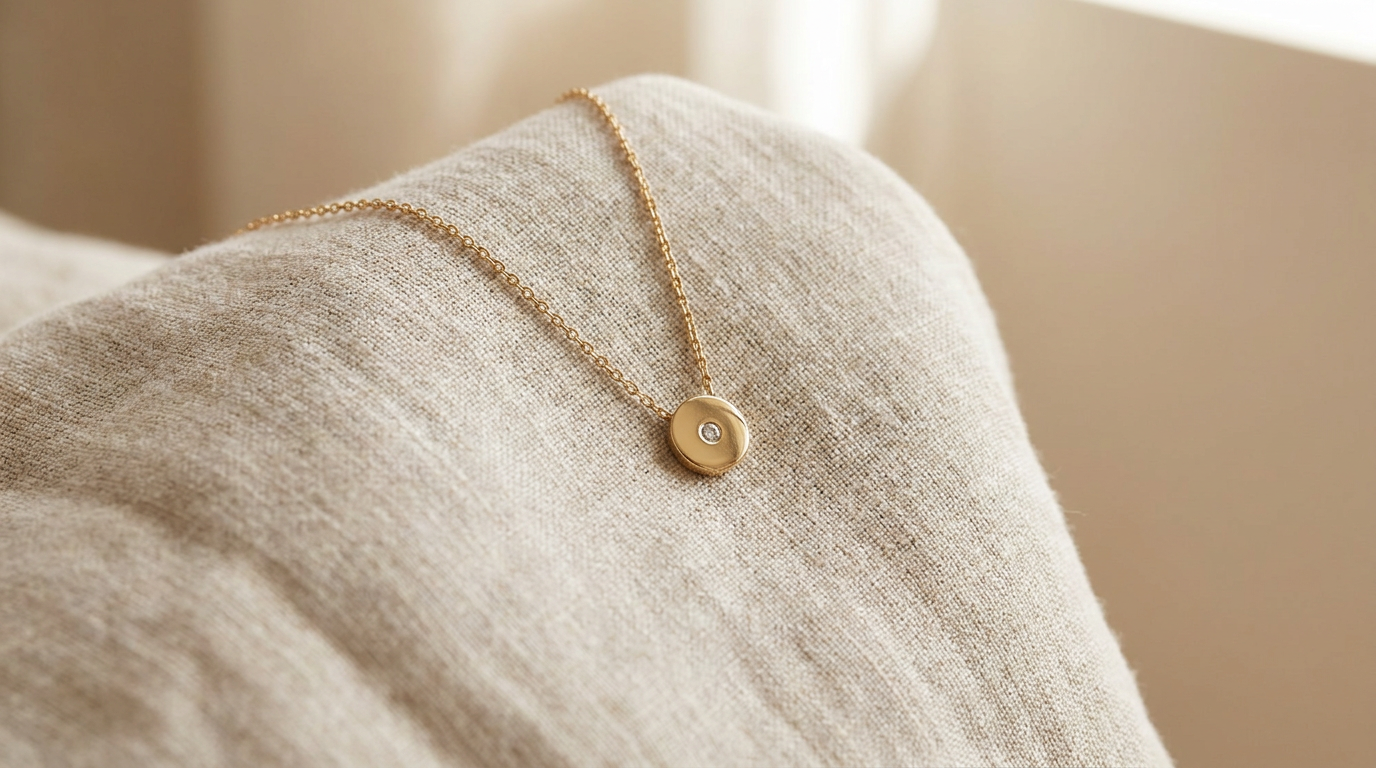 Collar de mujer con cadena fina en tono dorado sobre fondo neutro, ejemplo de largo de collar