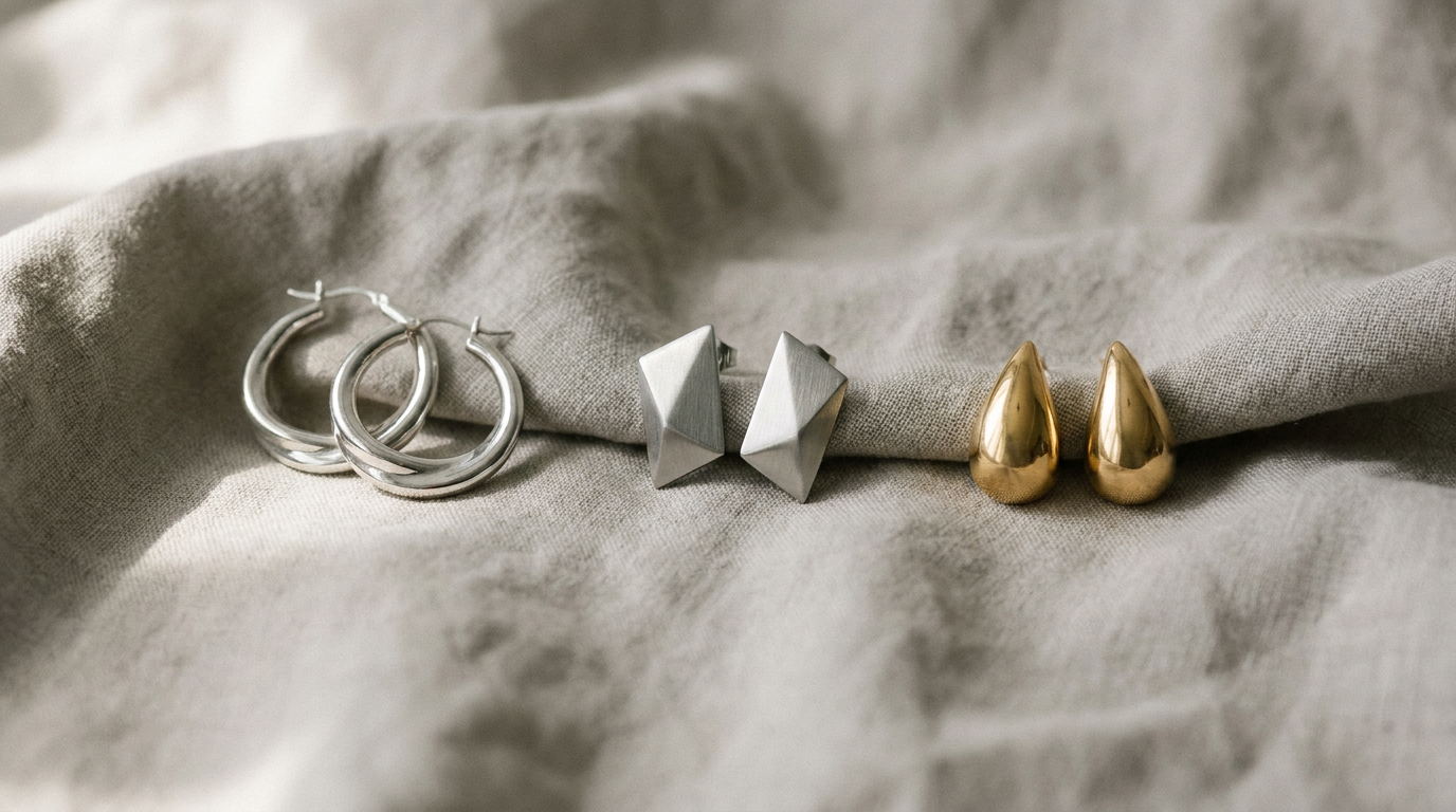 Pendientes de diseño en plata de ley, acero quirúrgico y oro comparados sobre fondo neutro