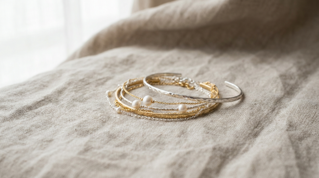 Pulseras de mujer apiladas en plata y dorado, cuidado de joyas
