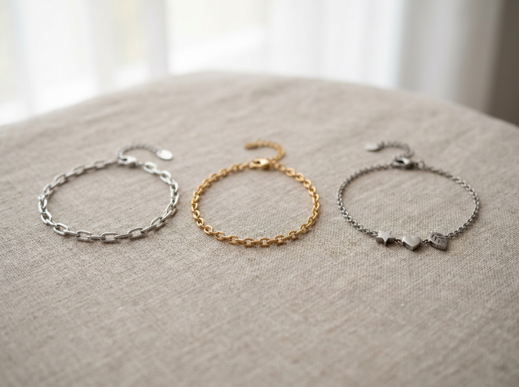 Pulseras de mujer en plata, acero quirúrgico y chapado en oro sobre fondo neutro